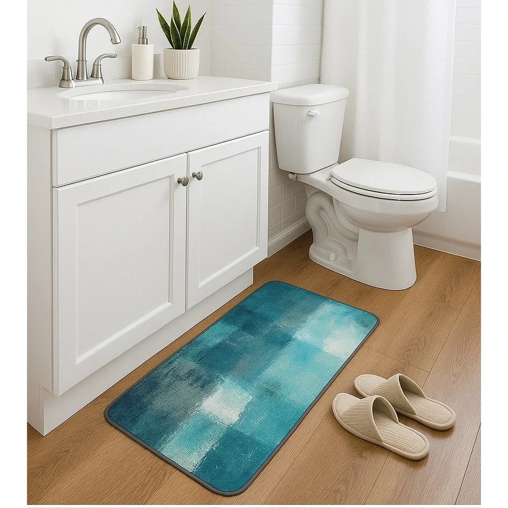 2PC Turquoise Kitchen Rug Set Non Slip Abstract Mats 17x48 17x24